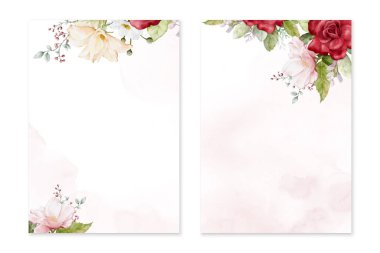Set of card template with watercolor colorful roses bouquet on pink stains, Wedding invite. Vector decorative Valentine's Day, greeting card, invitation design background, or social media post.