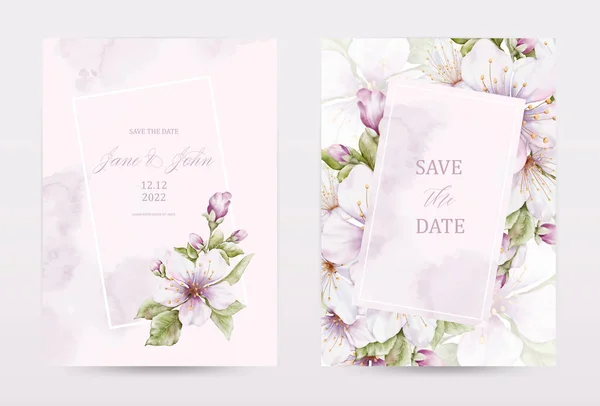 Aquarelle Fleurs Cerisier Invitation Rose Gabarit Cartes Ensemble — Image vectorielle