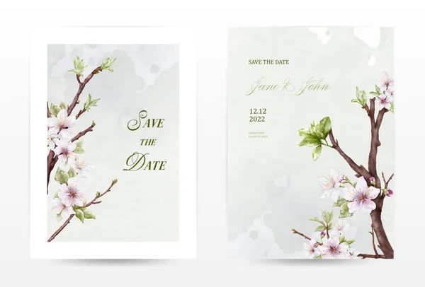 Aquarelle Fleurs Cerisier Invitation Vert Gabarit Cartes Ensemble — Image vectorielle