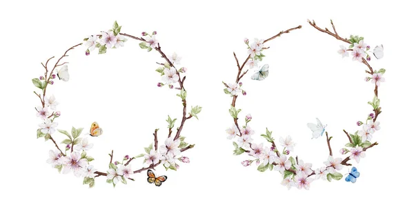 Watercolor Cherry Blossom Wreath Butterflies Natural Frame Sakura Tree Leaves — Stock Vector