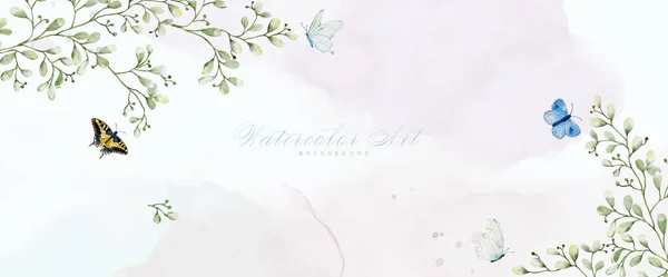 Abstract Art Watercolor Foliage Butterflies Painting Background Banner Collection Natural — Stock Vector