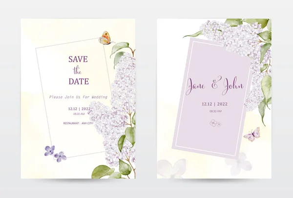 Set Von Einladungskarten Mit Fliederfarbener Blume Und Schmetterling Sammlung Aquarell — Stockvektor