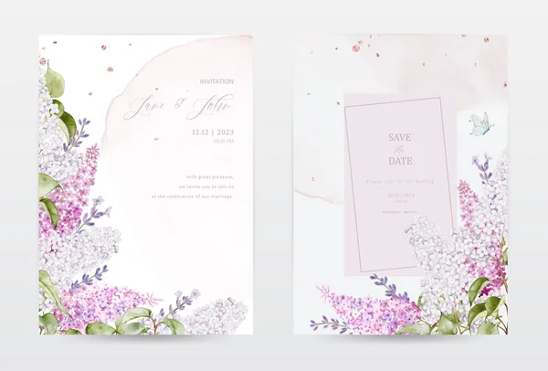 一套带有紫丁香花和蝴蝶的水彩邀请卡 收集水彩画中的植物色彩粉红色调矢量完美的婚礼卡片 保存日期或贺卡 — 图库矢量图片