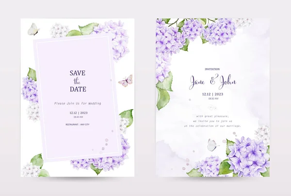パステルウォーターカラーの招待カードのセット 紫色のハイドレンジアの花 蝶で飾られています そして汚れの質 ウェディングカードに最適なベクター 日付を保存 またはグリーティングカード — ストックベクタ