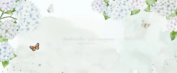 Watercolor art with white hydrangea flowers, decorated with butterflies, and stains for horizontal background. Vector background perfect for banner, header, web cover, or wall decoration.
