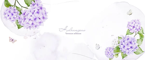 Watercolor art with purple hydrangea flowers, decorated with butterflies, and stains for horizontal background. Vector background perfect for banner, header, web cover, or wall decoration.