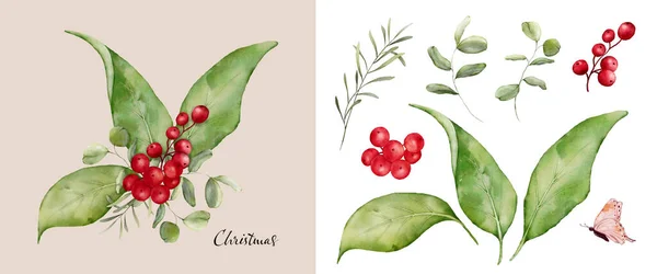 Jul Akvarell Bukett Bär Och Gröna Blad Arrangemang Som Handmålade — Stock vektor