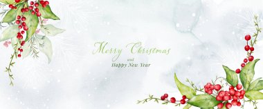 Noel ve kış suluboya doğal sanat geçmişi. Kar yağarken böğürtlen ve çam dalları ve elle boyanmış suluboya lekeler. Noel festivallerine, başlığa, afişe veya kartlara uygun.