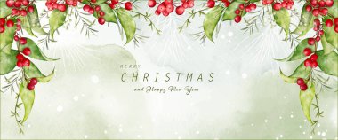 Noel ve kış suluboya doğal sanat geçmişi. Kar yağarken böğürtlen ve çam dalları ve elle boyanmış suluboya lekeler. Noel festivallerine, başlığa, afişe veya kartlara uygun.