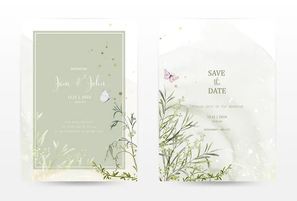 水彩色の汚れに植物と蝶で設計された水彩招待テンプレートカードのセット 結婚式の招待状のために適した 日付を保存します ありがとう または挨拶カード — ストックベクタ