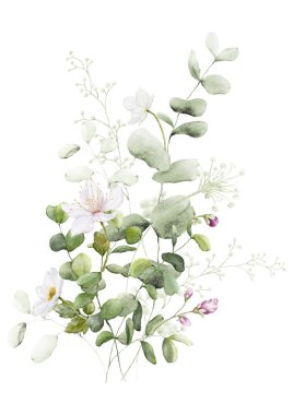 Çiçeklerin suluboya dalları. Çiçekli botanik koleksiyonu ve beyaz arka planda düğün davetiyesi için uygun yeşil yapraklar, tarihi kaydedin, teşekkürler, ya da tebrik kartı.