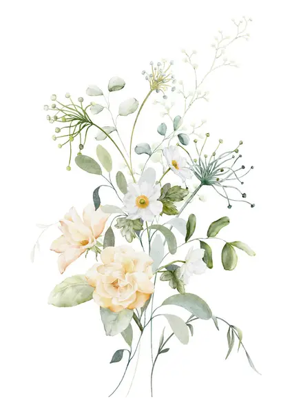 Akwarela Kwiatowy Gałąź Element Kolekcja Botaniczna Kwiatami Zielonymi Liśćmi Białym — Wektor stockowy