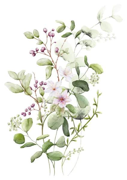 ウォーターカラーフローラルブランチ要素 結婚式の招待に適した白い背景に花と緑の葉で植物学を収集 日付を保存 ありがとう または挨拶カード — ストックベクタ