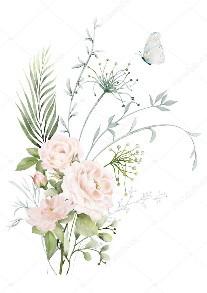 Watercolor floral branch elements. Collection botanical with flower and green leaves on white background suitable for Wedding Invitation, save the date, thank you, or greeting card.
