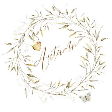 Sonbahar çelenk daveti beyaz arka planda izole edilmiş suluboya yapraklarıyla tasarlandı. Suluboya elle boyanmış çiçek çelengi. Düğün kartı tasarımı için uygun, davetler, tarihi kaydet.