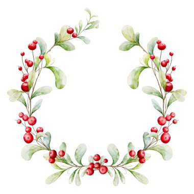 Çelenkli Mutlu Noeller suluboya. Bir buket kutsal yaprak elle boyanmış suluboya. Noel kartı tasarımı ve yeni yıl davetiyeleri için uygun..