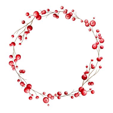 Kırmızı böğürtlenli Mutlu Noeller suluboya. Bir buket kutsal suluboya elle boyanmış. Noel kartı tasarımı ve yeni yıl davetiyeleri için uygun..