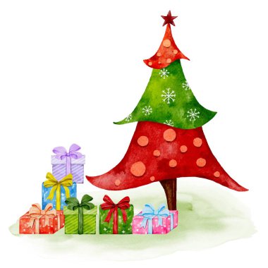 Suluboya Noel ağacı ve renkli hediye kutuları. Tatil kartları, dekorasyonlar ya da mevsimlik tasarım projeleri için mükemmel bir el boyaması çizimi..