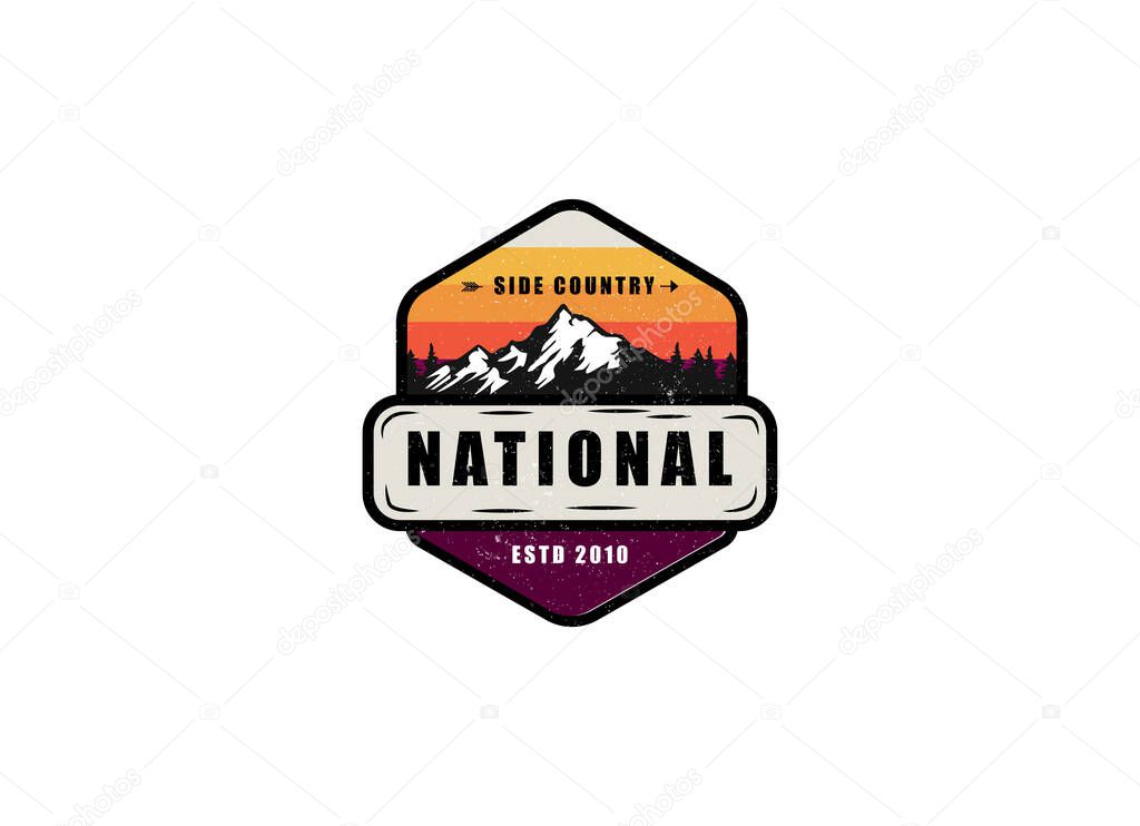 Vintage Outdoor Summer Camp Logo Patches on Wood board. Hand drawn and vector emblem designs.