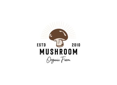 Mantar çiftliği logosu vintage vektör çizimi, Champignon mantar logosu tasarımı