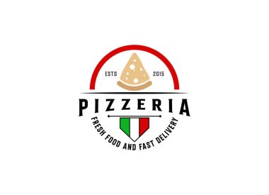 İtalyan pizzacısının logosu. Modern tarz parlak minimalist pizza restoranı vektör sembolü