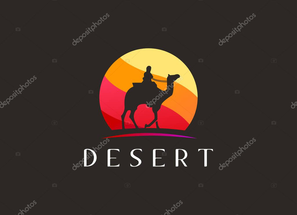 Arabian Logo caravan Camels in desert dunes. Camel Logo design template.
