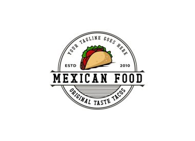 Tacos logo tasarımı vektör çizimi. Sosisli sosis silueti, restoran menüsü ve kafe rozeti için iyi. Klasik tipografi logografi şablonu.