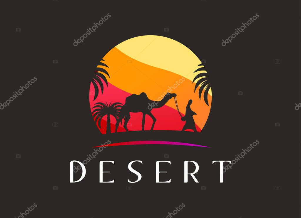Arabian Logo caravan Camels in desert dunes on beige color gold sand under hot sun in circle wavy pattern background.Design template icon,badge, pictogram,symbol,tourism sign,travel,hot places.Vector