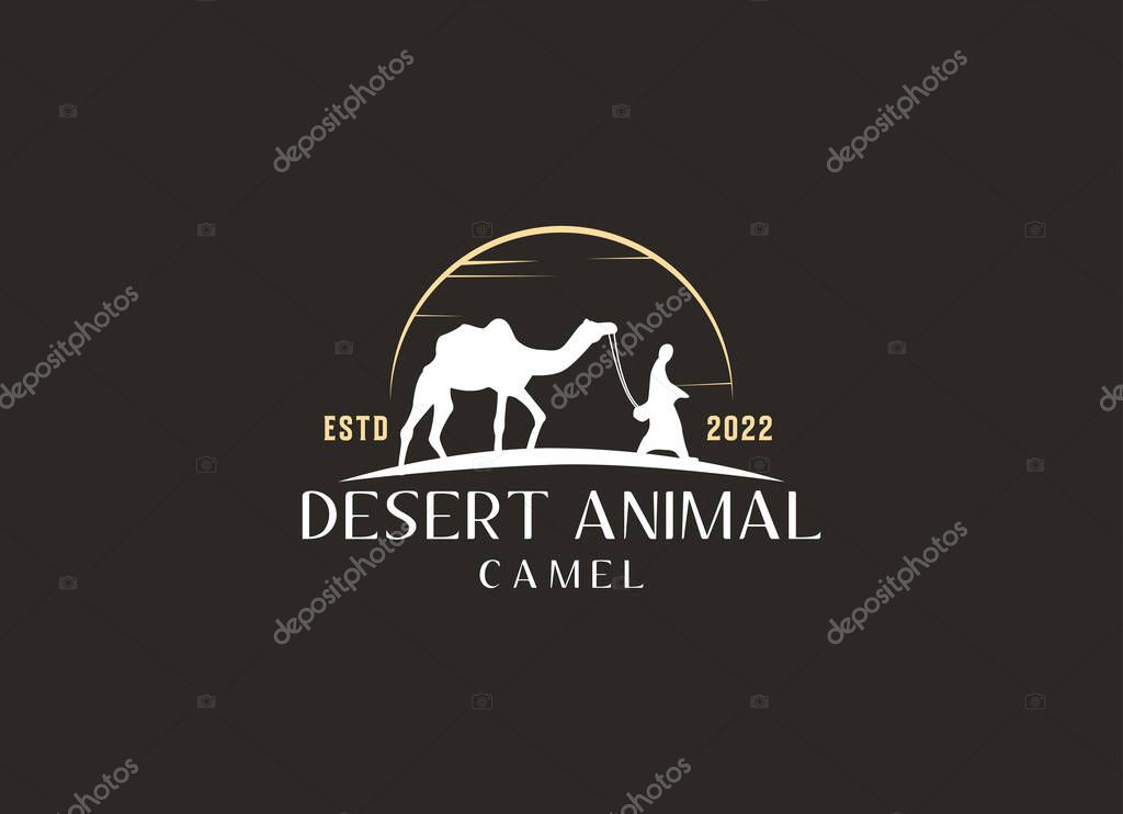 Arabian Logo caravan Camels in desert dunes on beige color gold sand under hot sun in circle wavy pattern background.Design template icon,badge, pictogram,symbol,tourism sign,travel,hot places.Vector