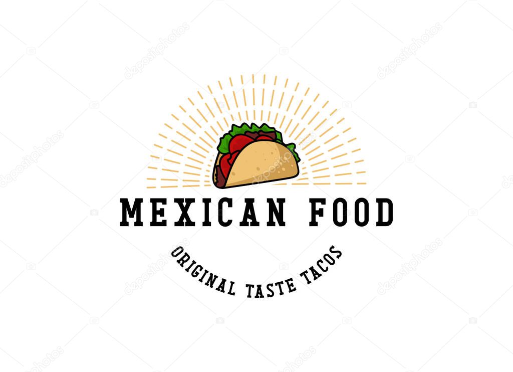 Tacos logo design vector illustration. Hot dog sausage silhouette, good for restaurant menu and cafe badge. Vintage typography logotype template.