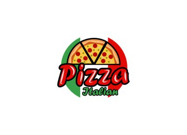 Restoran ve fast food için İtalyan pizza vektör logosu. Teslimat servisi pizza.