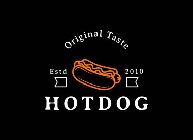Klasik Hotdog Logo Vektörü. Fast food sosisli sandviç sokak yemekleri için illüstrasyon.