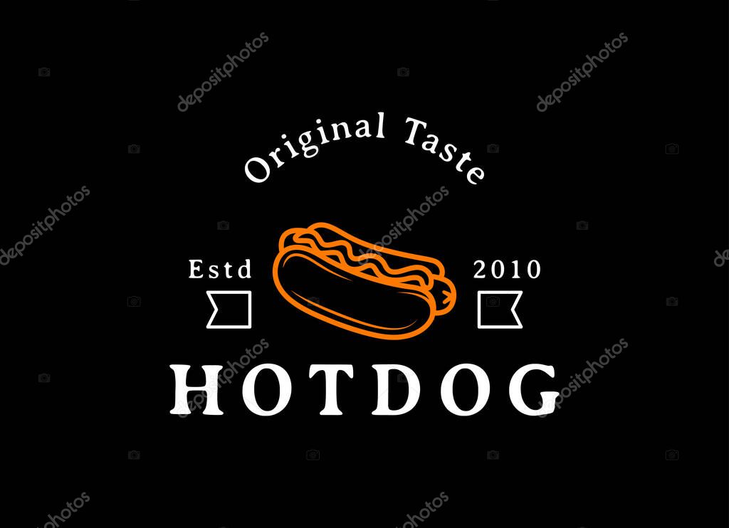 Vintage Hotdog Logo Vector. Fast food hotdog Illustration for street food.