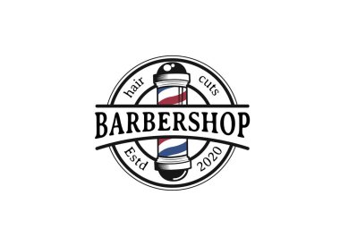 Klasik berber logosu şablonu, eski tarz, sakallı adam ve berber havuzlu.