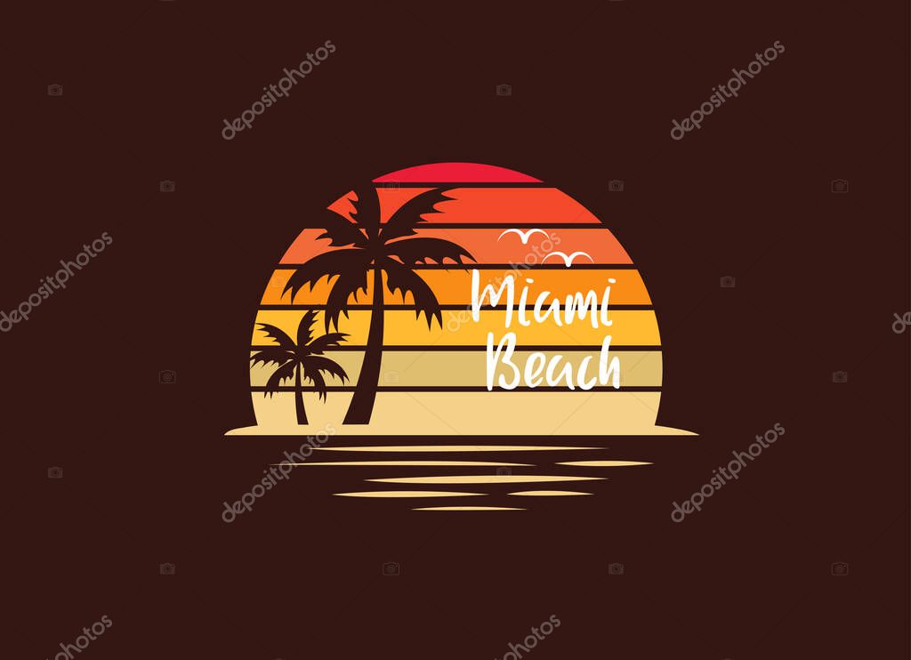 Miami sunset. T-shirt and apparel vector design, print, typography, poster, emblem with palm trees. Sunset logo design