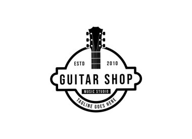 Vektör gitar dükkanı logosu. Ses mağazası, marka ya da poster için müzik simgeleri. Gitar Logosu Tasarımı