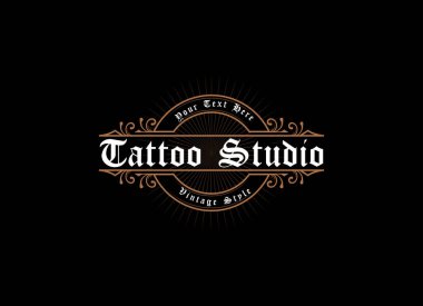 Vintage çerçeve logosu. Antika etiket. Dövme stüdyosu, berber dükkanı, viski etiketi, şarap, bira, bira, bira, kuaför, dükkan, tabela için uygun.