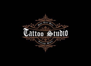 Vintage çerçeve logosu. Antika etiket. Dövme stüdyosu, berber dükkanı, viski etiketi, şarap, bira, bira, bira, kuaför, dükkan, tabela için uygun.