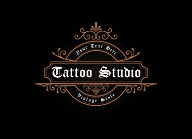 Vintage çerçeve logosu. Antika etiket. Dövme stüdyosu, berber dükkanı, viski etiketi, şarap, bira, bira, bira, kuaför, dükkan, tabela için uygun.