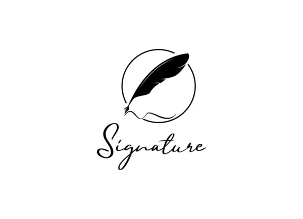 Quill Feather Pen Minimalist Signature Handwriting Logo Design Vector — Stock Vector