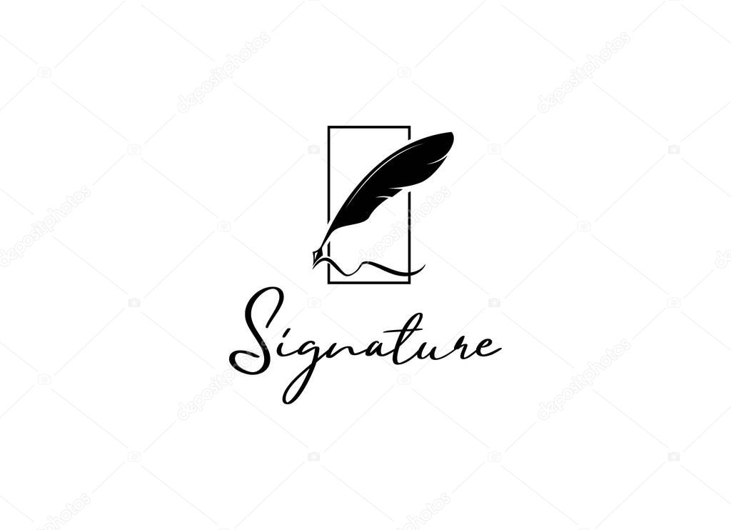 Quill Feather Pen, Minimalist Signature Handwriting logo design vector