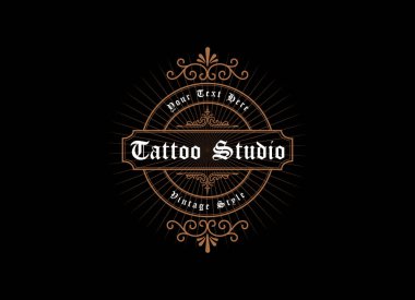 Vintage çerçeve logosu. Antika etiket. Dövme stüdyosu, berber dükkanı, viski etiketi, şarap, bira, bira, bira, kuaför, dükkan, tabela için uygun.