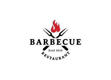 Barbekü noktası logo restoranı. Izgara, köy ve bar vektör logosu