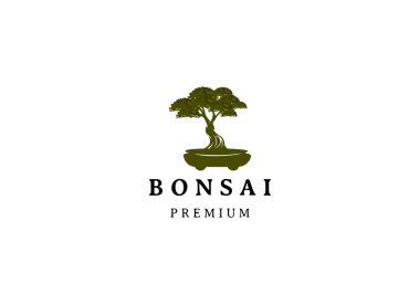 Klasik Bonsai Ağacı Logosu Tasarımı İlham Verici. Estetik bonsai ve saksı bitkilerinin vektör çizimi. Çin ve Japon kültüründen Bonsai ağacı Otel retro marka logosu için marka kimliği.