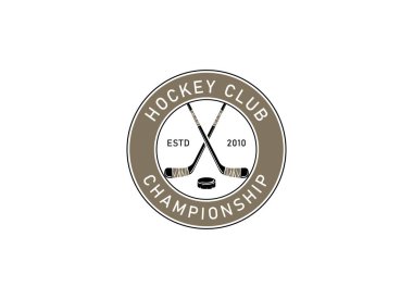 Buz hokeyi ligi. Hokey sopalı klasik hokey amblemi. Takım, kulüp, lig, turnuva için logo şablonu