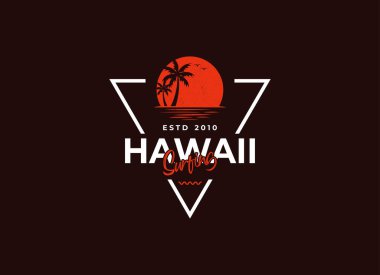 Sörf tahtası ve sahil manzaralı sörf rozeti. Tişört izleri ve diğer kullanım alanları için.