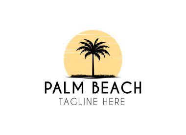 Premium konsept vektör illüstrasyonlu tatil ve sahil palmiye logosu tasarımı.