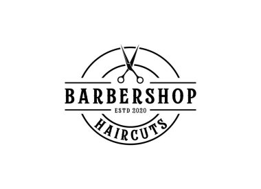 Klasik berber logosu tasarımı. Makas ve insan logosu vektör illüstrasyonu