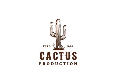 Klasik Kaktüs logosu tasarımı. Vahşi Kaktüs Saguaro Kaktüsü ve Batı Teksas Çölü üzerinde Ocotillo Çölü Vintage Vahşi Batı Doğa Logosu Tasarımı