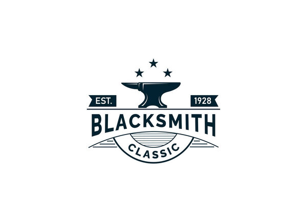 Vintage Hipster Retro Blacksmith Metal Work. Handcraft. Forge Art. Anvil. Iron Works Vector Logo